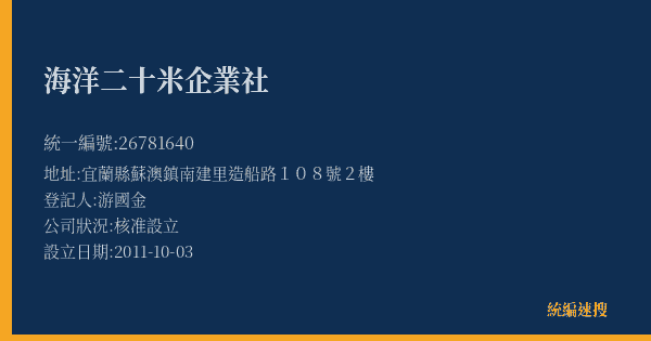 海洋二十米企業社的照片-統編 26781640(宜蘭縣) 公司登記資料與營業項目詳細圖表