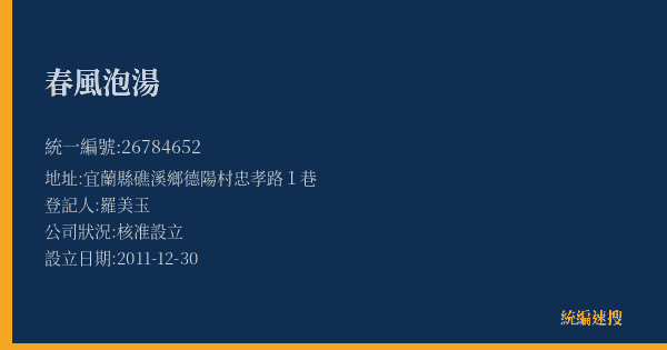 春風泡湯的照片-統編 26784652(宜蘭縣) 公司登記資料與營業項目詳細圖表