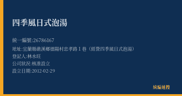 四季風日式泡湯的照片-統編 26786167(宜蘭縣) 公司登記資料與營業項目詳細圖表