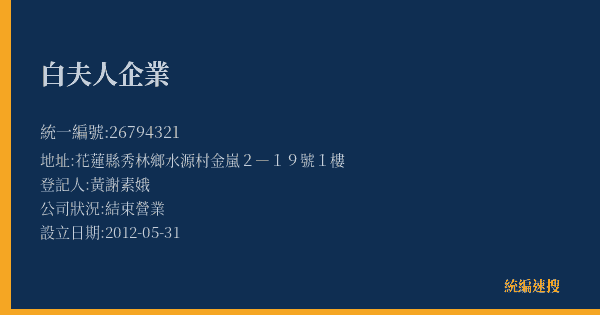 白夫人企業的照片-統編 26794321(花蓮縣) 公司登記資料與營業項目詳細圖表