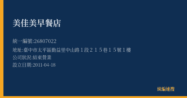 美佳美早餐店的照片-統編 26807022(臺中市) 公司登記資料與營業項目詳細圖表