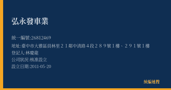 弘永發車業的照片-統編 26812469(臺中市) 公司登記資料與營業項目詳細圖表