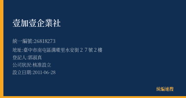 壹加壹企業社的照片-統編 26818273(臺中市) 公司登記資料與營業項目詳細圖表