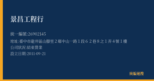 景昌工程行的照片-統編 26902145(臺中市) 公司登記資料與營業項目詳細圖表