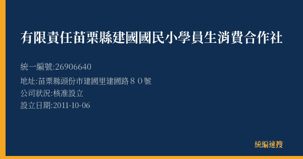 有限責任苗栗縣建國國民小學員生消費合作社的照片-統編 26906640(苗栗縣) 公司登記資料與營業項目詳細圖表