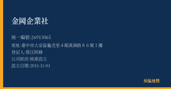 金岡企業社的照片-統編 26913065(臺中市) 公司登記資料與營業項目詳細圖表