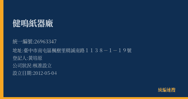 健鳴紙器廠的照片-統編 26963347(臺中市) 公司登記資料與營業項目詳細圖表
