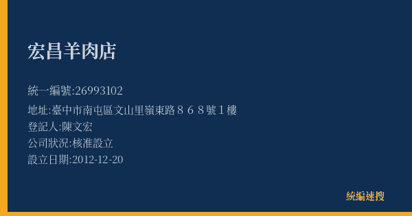 宏昌羊肉店的照片-統編 26993102(臺中市) 公司登記資料與營業項目詳細圖表