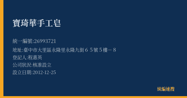 寶琦華手工皂的照片-統編 26993721(臺中市) 公司登記資料與營業項目詳細圖表