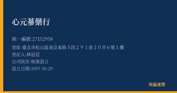 心元蔘藥行的照片-統編 27152958(臺北市) 公司登記資料與營業項目詳細圖表