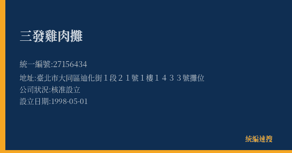 三發雞肉攤的照片-統編 27156434(臺北市) 公司登記資料與營業項目詳細圖表