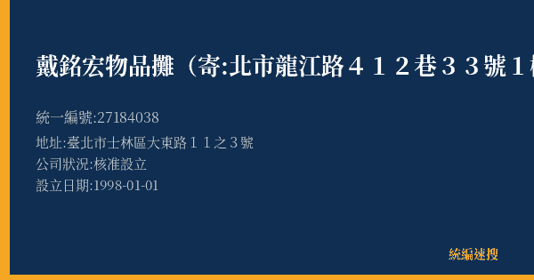 戴銘宏物品攤(寄:北市龍江路412巷33號1樓)的照片-統編 27184038(臺北市) 公司登記資料與營業項目詳細圖表