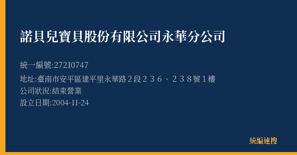 諾貝兒寶貝股份有限公司永華分公司的照片-統編 27210747(臺南市) 公司登記資料與營業項目詳細圖表