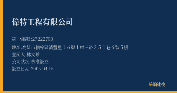 偉特工程有限公司的照片-統編 27222700(高雄市) 公司登記資料與營業項目詳細圖表