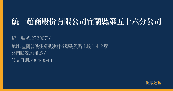 統一超商股份有限公司宜蘭縣第五十六分公司的照片-統編 27230716(宜蘭縣) 公司登記資料與營業項目詳細圖表