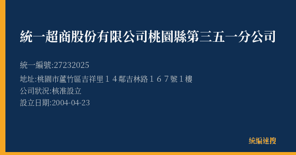 統一超商股份有限公司桃園縣第三五一分公司的照片-統編 27232025(桃園市) 公司登記資料與營業項目詳細圖表