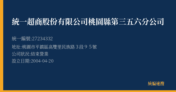 統一超商股份有限公司桃園縣第三五六分公司的照片-統編 27234332(桃園市) 公司登記資料與營業項目詳細圖表