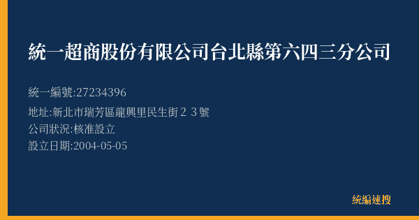 統一超商股份有限公司台北縣第六四三分公司的照片-統編 27234396(新北市) 公司登記資料與營業項目詳細圖表