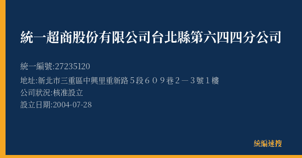 統一超商股份有限公司台北縣第六四四分公司的照片-統編 27235120(新北市) 公司登記資料與營業項目詳細圖表