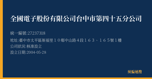 全國電子股份有限公司台中市第四十五分公司的照片-統編 27237318(臺中市) 公司登記資料與營業項目詳細圖表