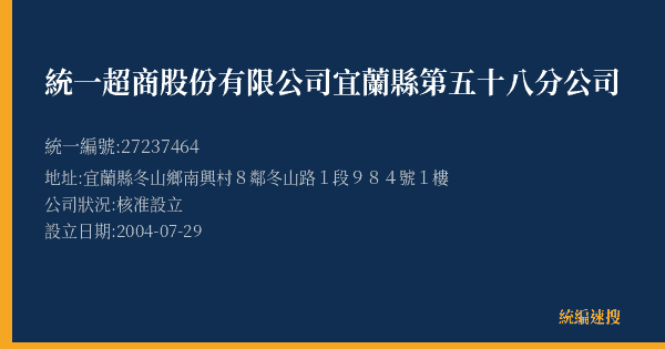 統一超商股份有限公司宜蘭縣第五十八分公司的照片-統編 27237464(宜蘭縣) 公司登記資料與營業項目詳細圖表