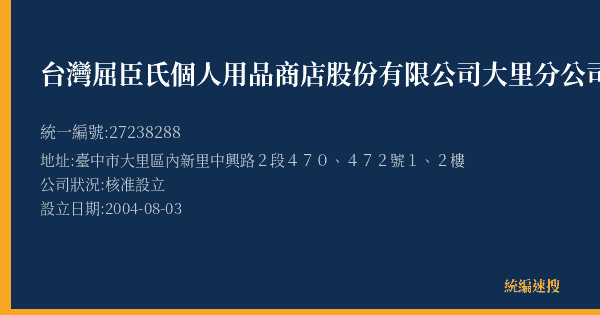 台灣屈臣氏個人用品商店股份有限公司大里分公司的照片-統編 27238288(臺中市) 公司登記資料與營業項目詳細圖表