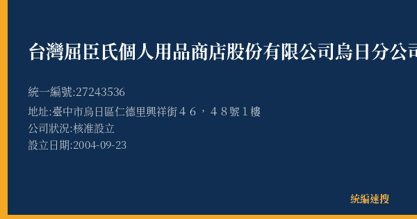 台灣屈臣氏個人用品商店股份有限公司烏日分公司的照片-統編 27243536(臺中市) 公司登記資料與營業項目詳細圖表