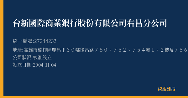 台新國際商業銀行股份有限公司右昌分公司的照片-統編 27244232(高雄市) 公司登記資料與營業項目詳細圖表