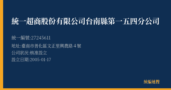 統一超商股份有限公司台南縣第一五四分公司的照片-統編 27245611(臺南市) 公司登記資料與營業項目詳細圖表