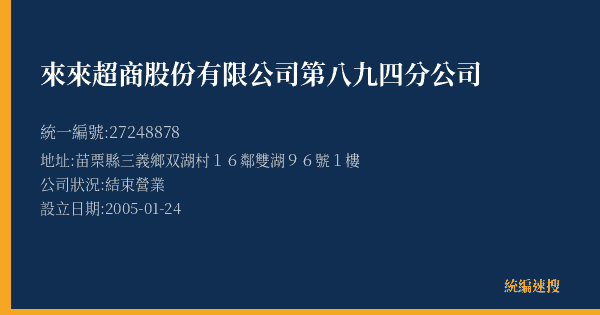 來來超商股份有限公司第八九四分公司的照片-統編 27248878(苗栗縣) 公司登記資料與營業項目詳細圖表
