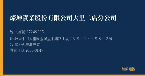 燦坤實業股份有限公司大里二店分公司的照片-統編 27249285(臺中市) 公司登記資料與營業項目詳細圖表
