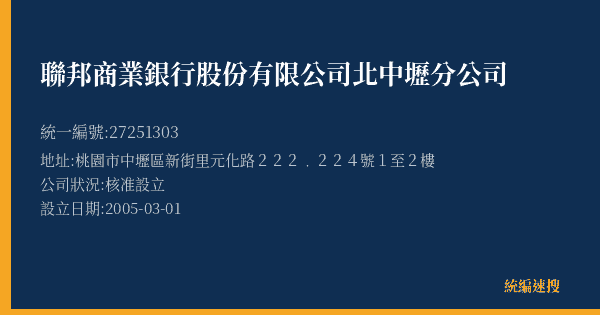 聯邦商業銀行股份有限公司北中壢分公司的照片-統編 27251303(桃園市) 公司登記資料與營業項目詳細圖表