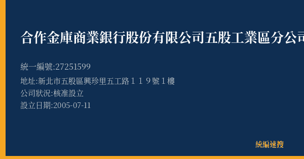 合作金庫商業銀行股份有限公司五股工業區分公司的照片-統編 27251599(新北市) 公司登記資料與營業項目詳細圖表
