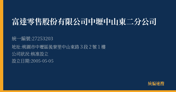 富達零售股份有限公司中壢中山東二分公司的照片-統編 27253203(桃園市) 公司登記資料與營業項目詳細圖表