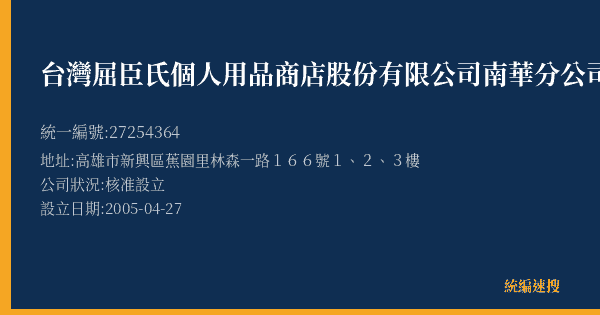 台灣屈臣氏個人用品商店股份有限公司南華分公司的照片-統編 27254364(高雄市) 公司登記資料與營業項目詳細圖表