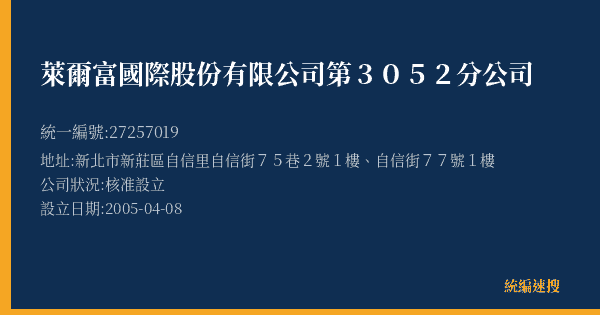 萊爾富國際股份有限公司第3052分公司的照片-統編 27257019(新北市) 公司登記資料與營業項目詳細圖表