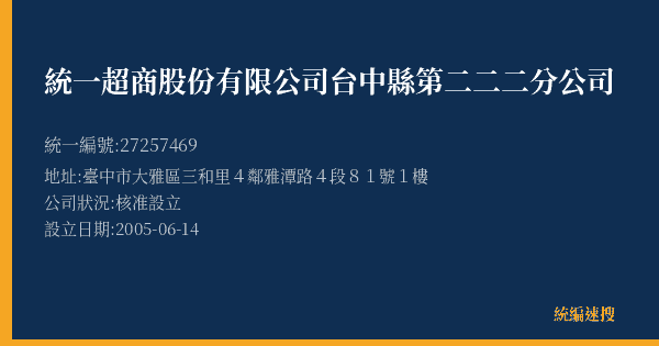統一超商股份有限公司台中縣第二二二分公司的照片-統編 27257469(臺中市) 公司登記資料與營業項目詳細圖表