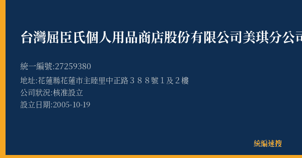 台灣屈臣氏個人用品商店股份有限公司美琪分公司的照片-統編 27259380(花蓮縣) 公司登記資料與營業項目詳細圖表