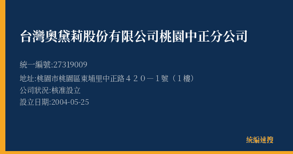 台灣奧黛莉股份有限公司桃園中正分公司的照片-統編 27319009(桃園市) 公司登記資料與營業項目詳細圖表