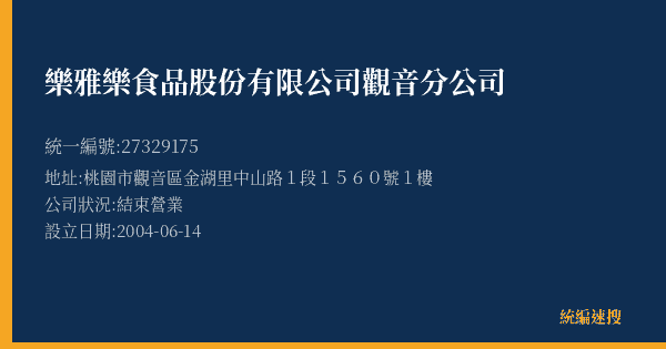 樂雅樂食品股份有限公司觀音分公司的照片-統編 27329175(桃園市) 公司登記資料與營業項目詳細圖表