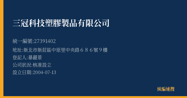 三冠科技塑膠製品有限公司的照片-統編 27391402(新北市) 公司登記資料與營業項目詳細圖表