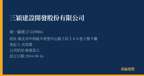 三穎建設開發股份有限公司的照片-統編 27419886(新北市) 公司登記資料與營業項目詳細圖表