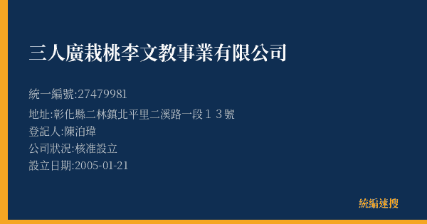 三人廣栽桃李文教事業有限公司的照片-統編 27479981(彰化縣) 公司登記資料與營業項目詳細圖表