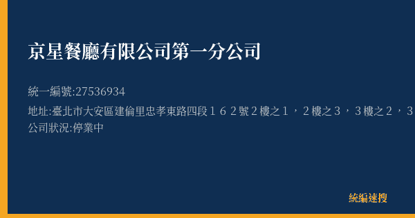 京星餐廳有限公司第一分公司的照片-統編 27536934(臺北市) 公司登記資料與營業項目詳細圖表