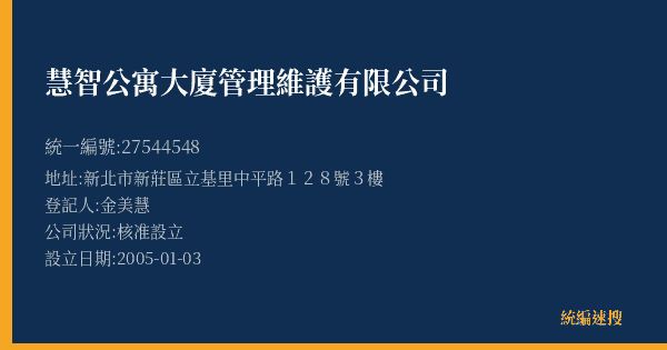 慧智公寓大廈管理維護有限公司的照片-統編 27544548(新北市) 公司登記資料與營業項目詳細圖表