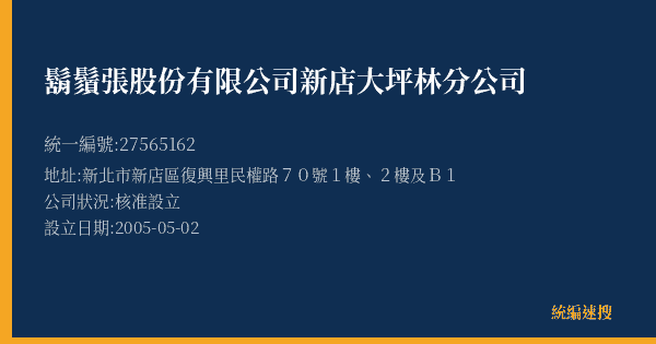 鬍鬚張股份有限公司新店大坪林分公司的照片-統編 27565162(新北市) 公司登記資料與營業項目詳細圖表