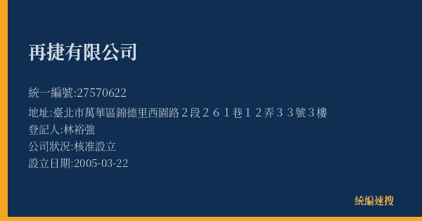 再捷有限公司的照片-統編 27570622(臺北市) 公司登記資料與營業項目詳細圖表