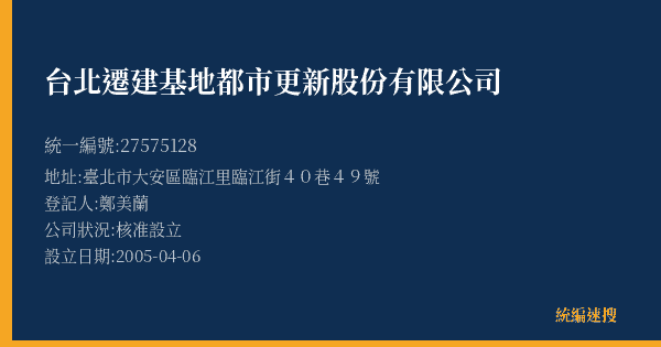 台北遷建基地都市更新股份有限公司的照片-統編 27575128(臺北市) 公司登記資料與營業項目詳細圖表