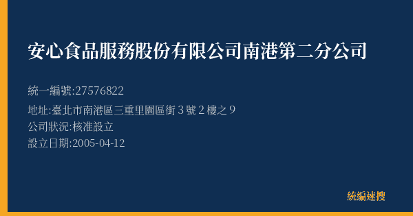 安心食品服務股份有限公司南港第二分公司的照片-統編 27576822(臺北市) 公司登記資料與營業項目詳細圖表