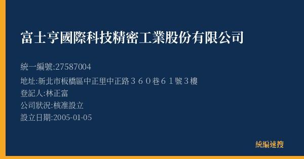 富士亨國際科技精密工業股份有限公司的照片-統編 27587004(新北市) 公司登記資料與營業項目詳細圖表